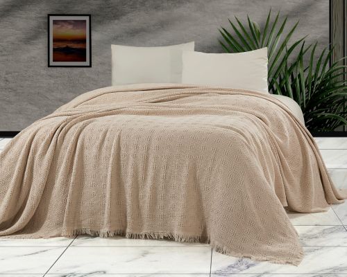 Umay %100 Pamuk Çift Kişilik Pike - Naturel/Bej